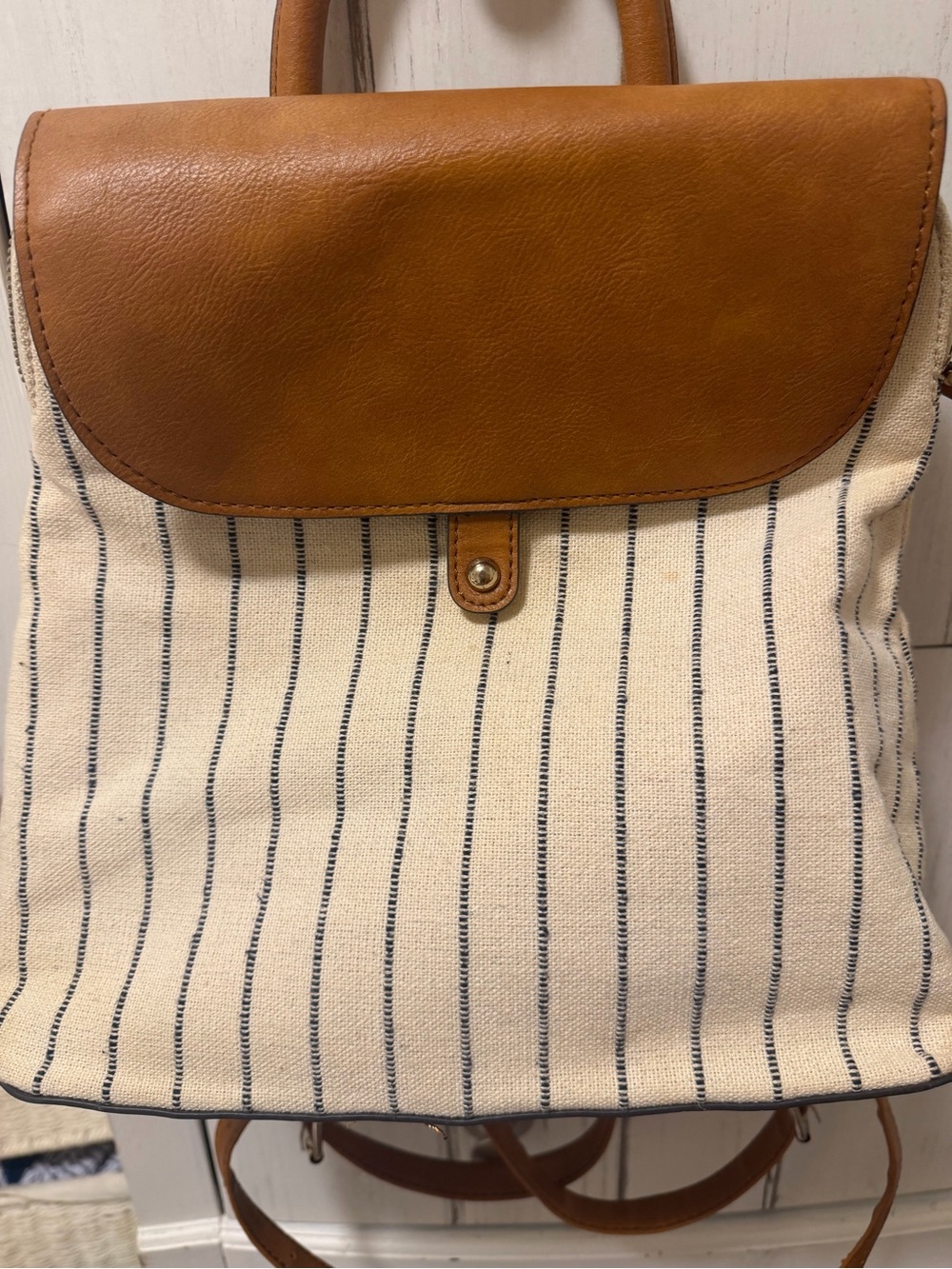 Canvas Stripe Backpack with tan Leather Flap